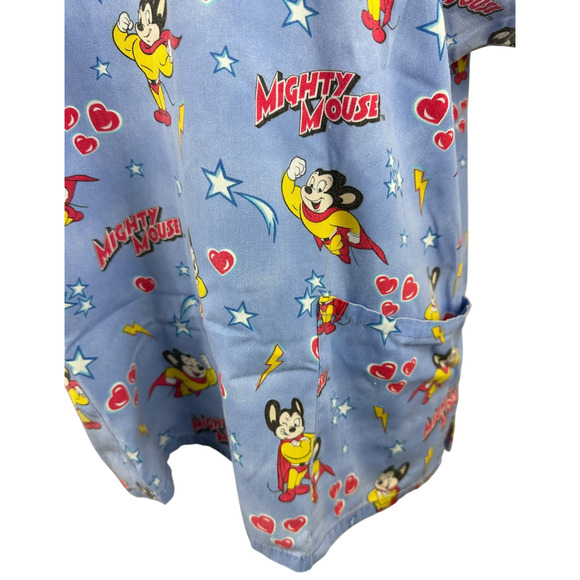✨2/$20 Mighty Mouse Cartoon Graphic Nurse CNA V-Neck Scrub Top Blue Size Large - Picture 6 of 16
